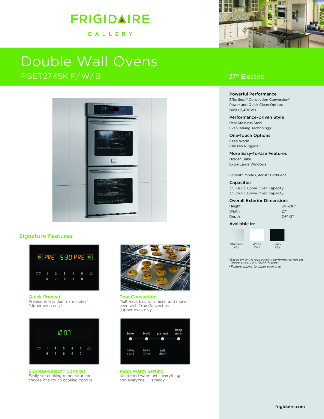 Frigidaire FGET2745KF, FGET2745KB, FGET2745KW dimensions Double Wall Ovens, FGET2745K F/ W/ B, Electric, Signature Features 